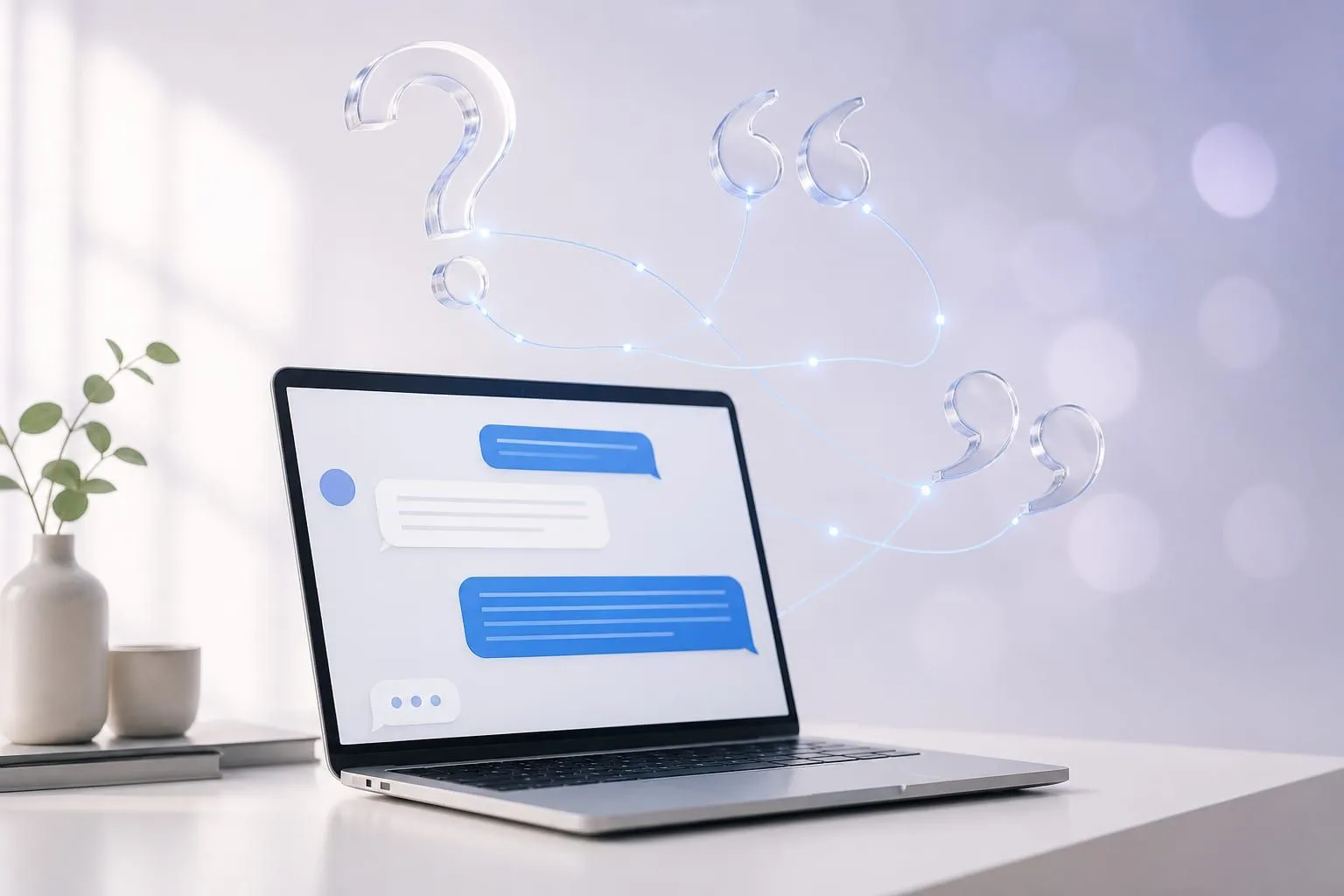 A laptop on a pale desk with an AI-style chat interface, translucent quotation marks floating above it on thin blue threads.