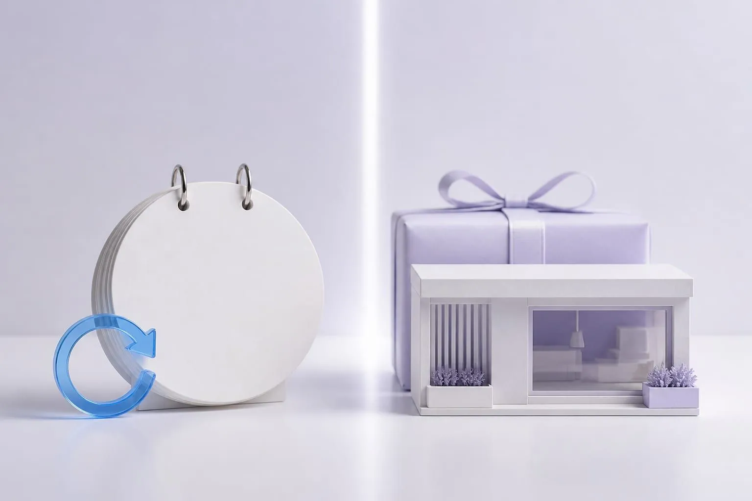 A desk calendar with a looping blue arrow beside a wrapped parcel, suggesting ongoing subscription versus a finished one-off delivery.