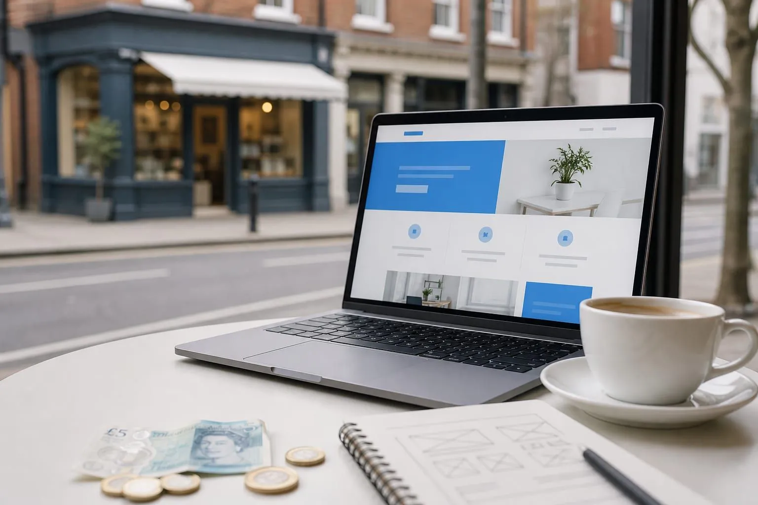 A laptop showing a website mockup on a cafe table, with pound coins nearby and a London high street shopfront in the window.